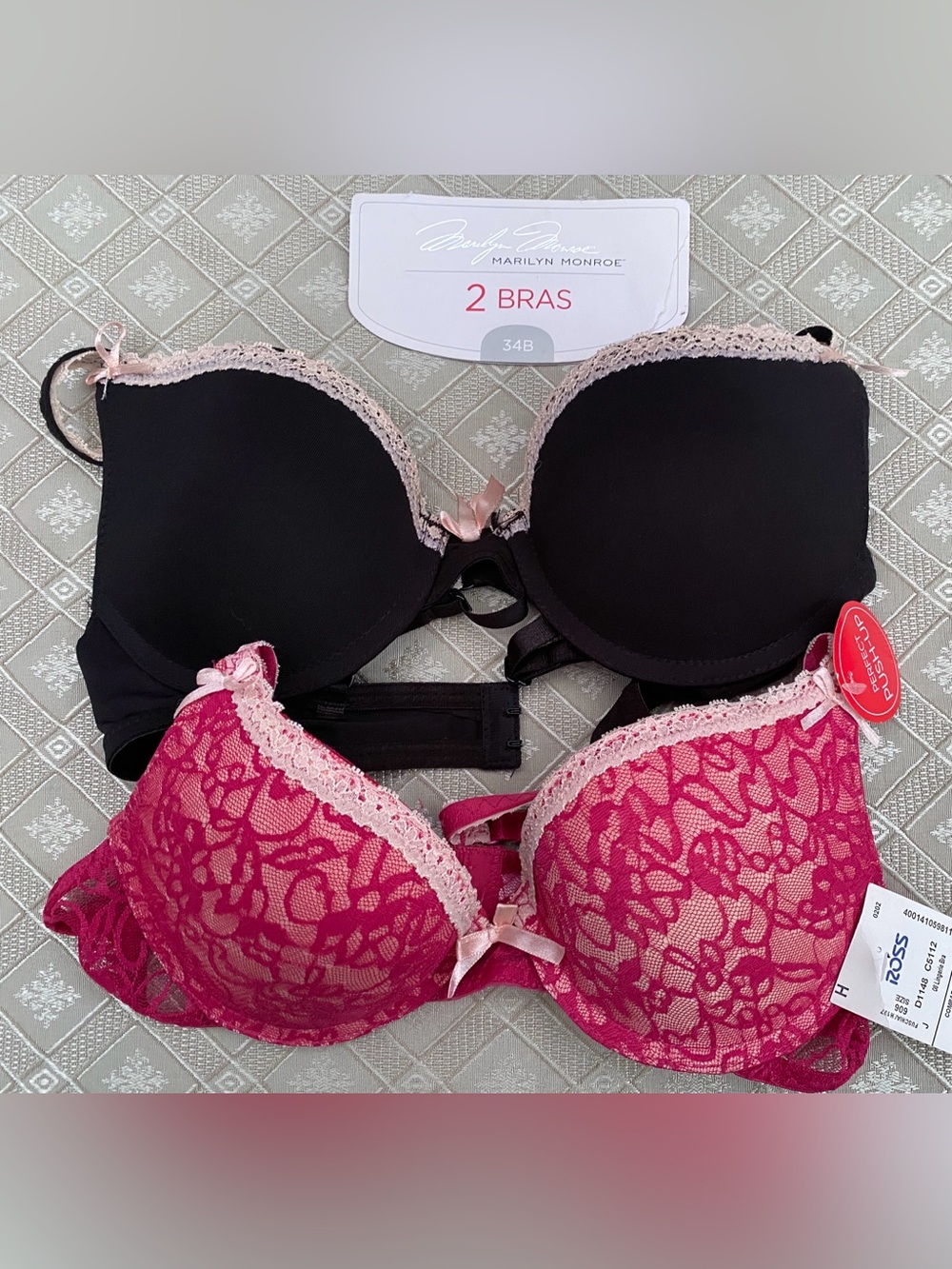 Marilyn Monroe 2-pack Bra Set 34B NEW Pushup Pink Black Lace Padded Lot Sexy